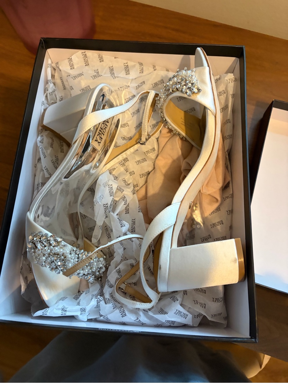 Badgley Mischka Ivory Satin Block Heel Sandals with Crystal Embellishment